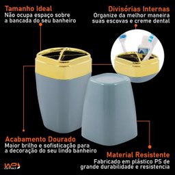 Suporte Porta Escova e Creme Dental Com Tampa Detalhe Dourado - Azul aço - 2