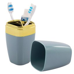 Suporte Porta Escova e Creme Dental Com Tampa Detalhe Dourado - Azul aço - 6