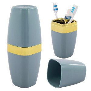 Suporte Porta Escova e Creme Dental Com Tampa Detalhe Dourado - Azul aço