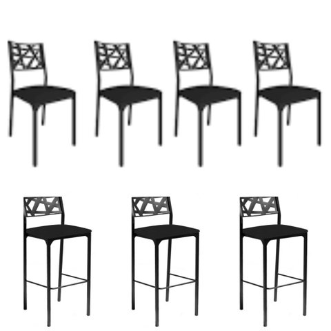 Kit 4 Cadeiras e 3 Banquetas Luiza Gourmet-Assento corino preto
