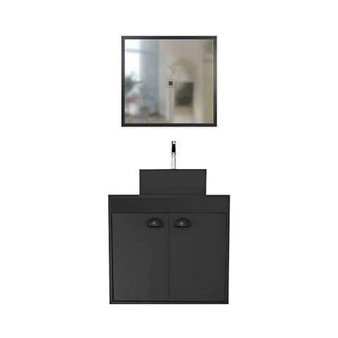 Conjunto Gabinete de Banheiro MDF 2 Portas c/ Cuba e Espelho:Preto Trama