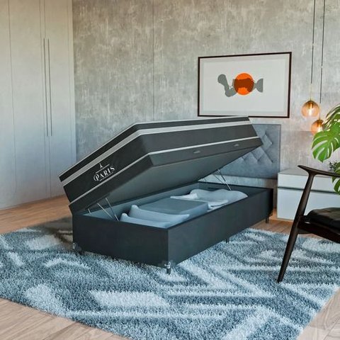 Cama Box Baú Solteiro Preto + Colchão Paris Molas Preto Suede Preto/preto