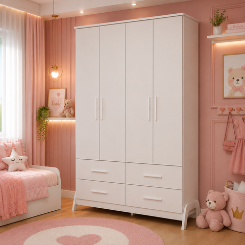 Guarda Roupa Infantil Peroba Guti Retro 4 Portas Liso Branco