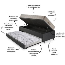 Bicama Box Baú 88x188 Courino Linho Preto com Colchão Airtech Ortobom - 5