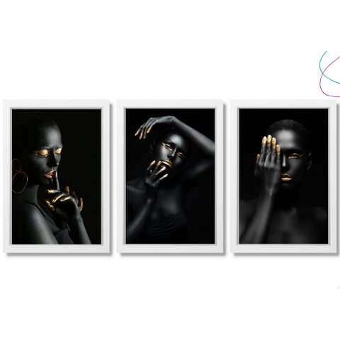 Quadro Decorativo Mulher Negra Dourada Gold para Sala:branca