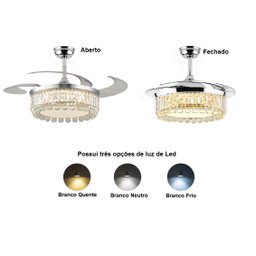 Ventilador Teto Retrátil Lustre Cristal Led Prata Controle Remoto - 3