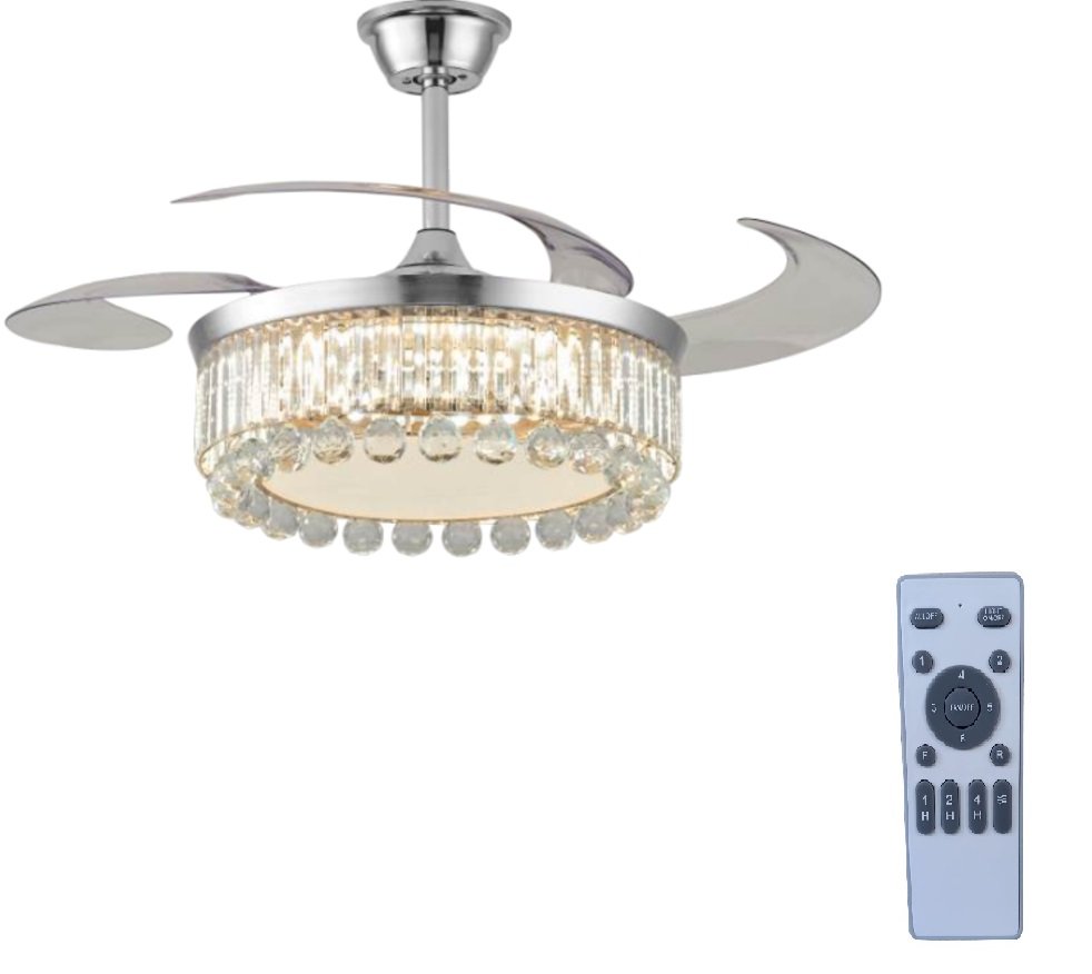 Ventilador Teto Retrátil Lustre Cristal Led Prata Controle Remoto