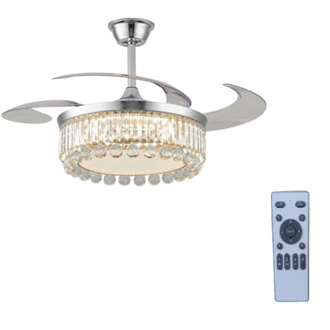 Ventilador Teto Retrátil Lustre Cristal Led Prata Controle Remoto