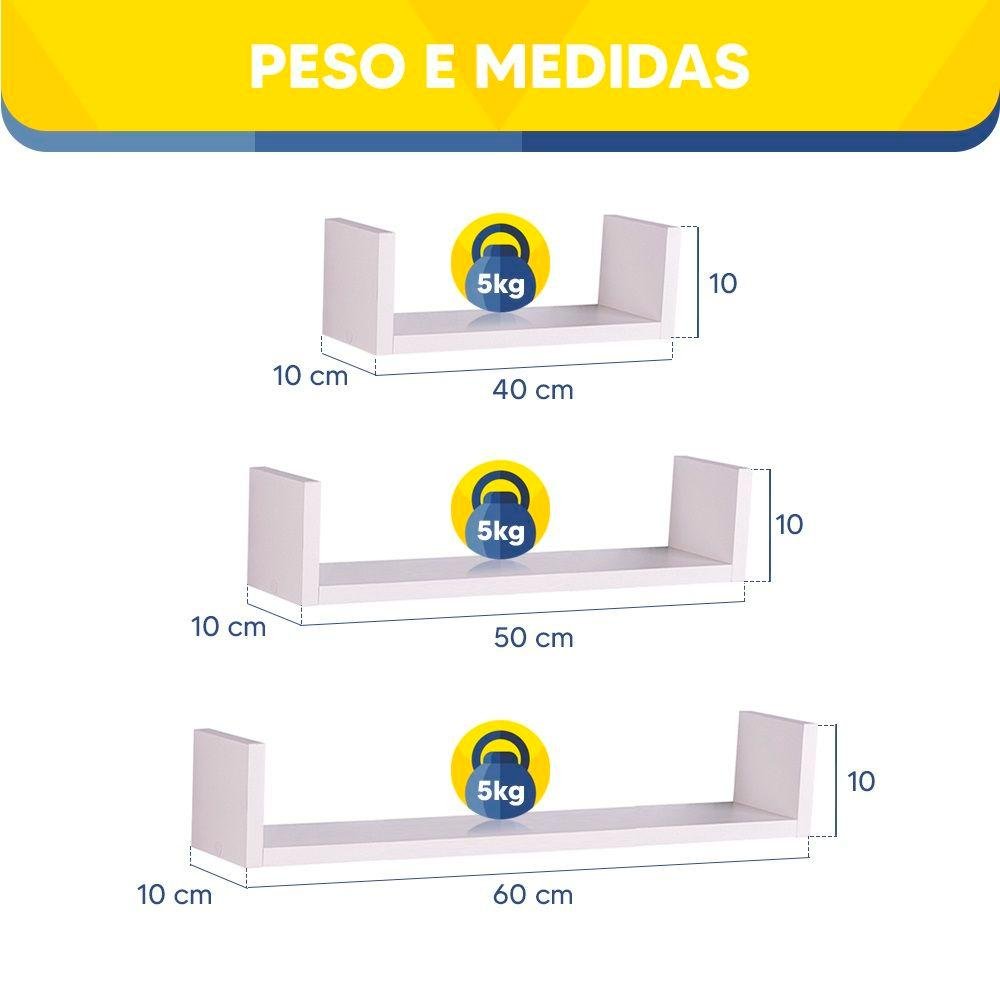 Jogo 3 Prateleiras U Mdf Branco Nicho Bebe Sala Quarto Cozinha - 3