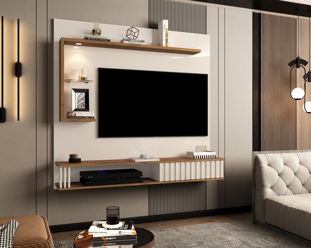 Painel Para TV Até 55" Allune Wood Giga - Off White /Freijó - 2