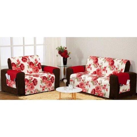 Protetor Sofá Estampado 2 e 3 Lugares - Floral Vermelho