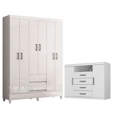 Guarda Roupa Casal com Cômoda Fit 6 Portas 2 Gavetas MDP Branco Brilho Santos Andirá