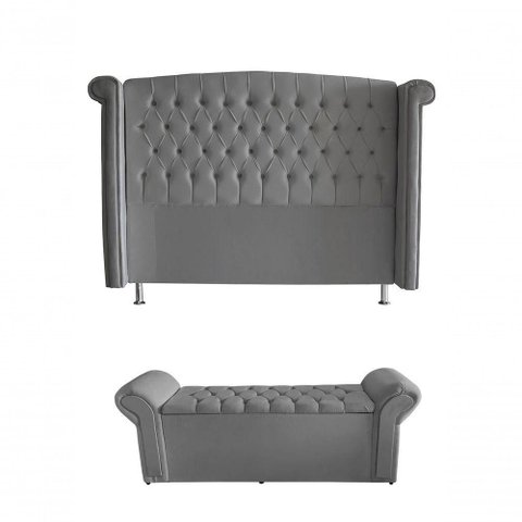 Kit Realeza Cabeceira de Cama Box e Calçadeira Baú King 195 Cm Suede Prata Eli Móveis