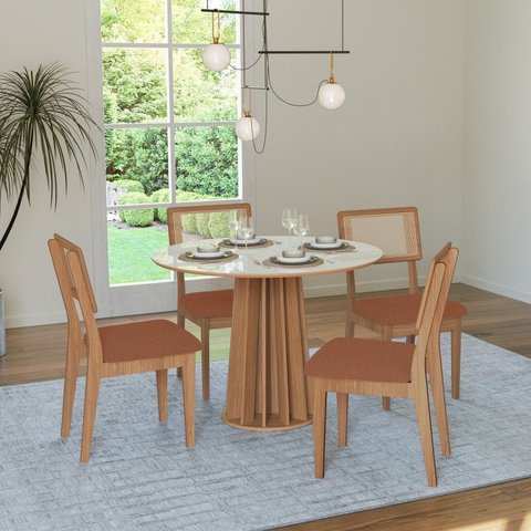 Conjunto Sala de Jantar Mesa Redonda Nature com 4 Cadeiras Tela Sintética Off White/Freijó/Vermelho 