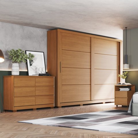 Conjunto Quarto Adulto Guarda-Roupa + Cômoda + Mesa de Cabeceira Palace