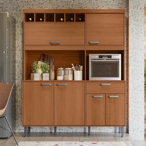 Armário de Cozinha Dakota 6 Portas 1 Gaveta e Adega para 6 Garrafas Jequitibá - Lukaliam