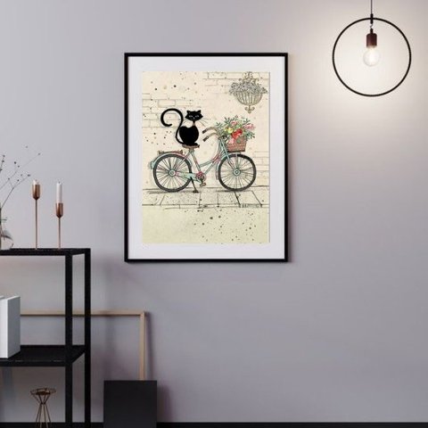 Quadro Gato Bicicleta Flores - 60x48cm:madeira Preta