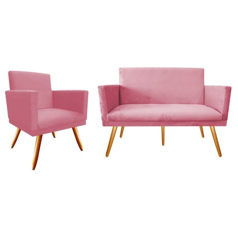 Kit Namoradeira + 1 Poltrona Decorativa Nina Suede Rosa Pés Madeira Mz Decor