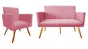 Ver imagem 1 de Kit Namoradeira + 1 Poltrona Decorativa Nina Suede Rosa Pés Madeira Mz Decor