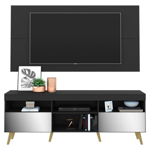 Rack Com Painel Tv 65" Retrô Com Espelho Flórida Multimóveis V3138 Preto/Natural Preto/Natural