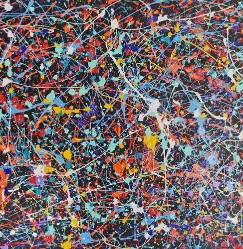 Quadro Pintado A Mão Abstrato - Pollock Preto Colorido - 3