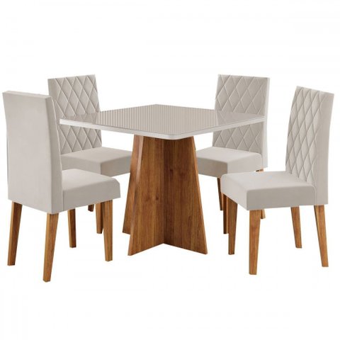 Mesa de Jantar 4 Lugares Evah com Vidro Mel/off White/veludo Pastel - Viero Móveis