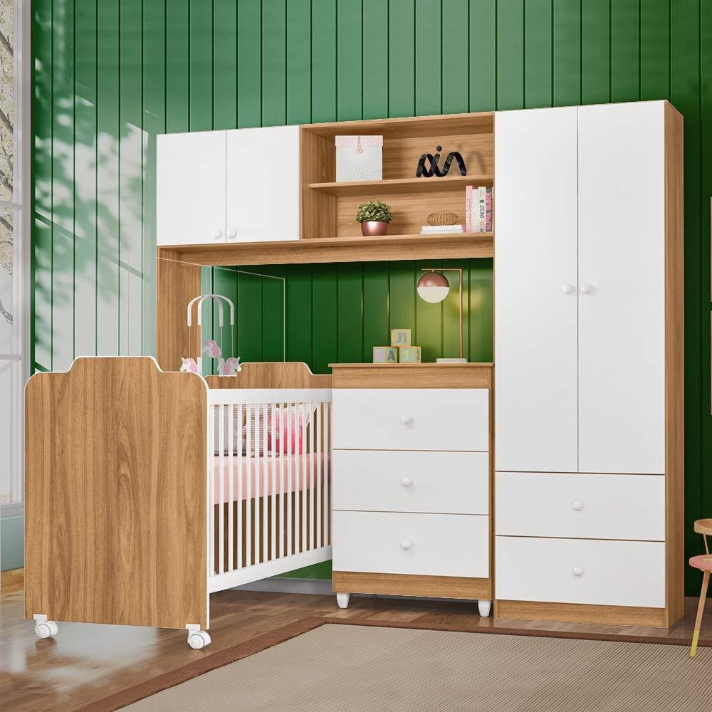 Kit Quarto De Bebê Com Berço Guarda Roupa Conjugado E Cômoda Branco ...