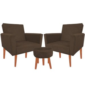 Kit 2 Poltrona Decorativa Nina e Puff Suede Marrom