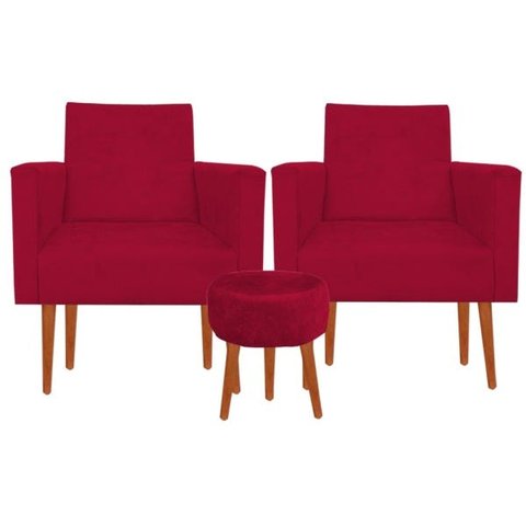 Kit 2 Poltrona Decorativa Nina e Puff Suede Vermelho