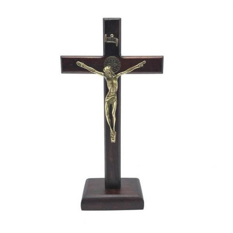 Crucifixo Mesa E Parede Madeira São Bento Madeira Escura OV 18 Cm