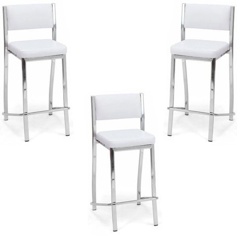 Kit 3 Banquetas EMPILHÁVEL cromada Altura 65cm assento e encosto branco - Poltronas do Sul