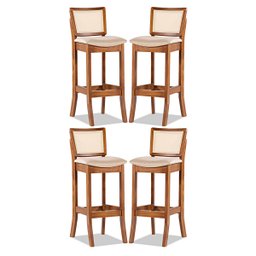 Kit 4 Banquetas Alta Portugal com Encosto em Rattan Estofado Linho Bege M58 RMI - 1