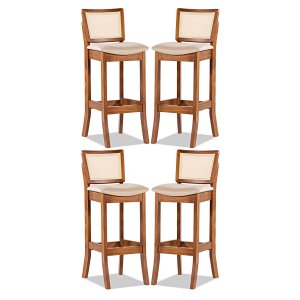 Kit 4 Banquetas Alta Portugal com Encosto em Rattan Estofado Linho Bege M58 RMI