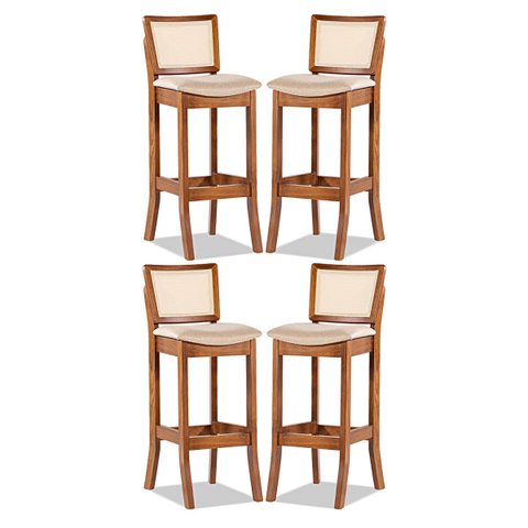 Kit 4 Banquetas Alta Portugal com Encosto em Rattan Estofado Linho Bege M58 RMI