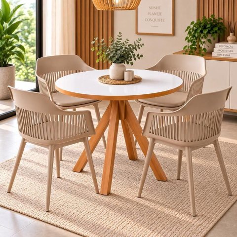 Conjunto Mesa Dallas Redonda 90cm 4 Cadeiras Marcela Nude Bege Tampo MDF Laqueado Decoreshop