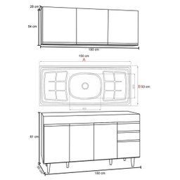 Armário Aéreo Argélia e Balcão Gabinete com Pia Inox Marrocos 150cm Branco - Lumil - 5