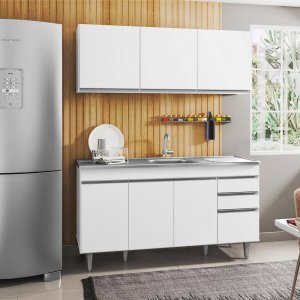 Armário Aéreo Argélia e Balcão Gabinete com Pia Inox Marrocos 150cm Branco - Lumil