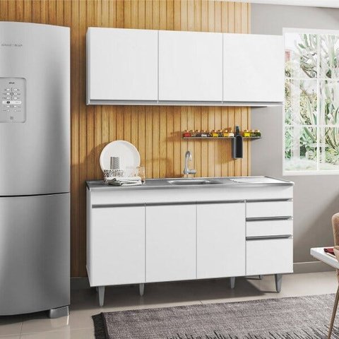 Armário Aéreo Argélia e Balcão Gabinete com Pia Inox Marrocos 150cm Branco - Lumil