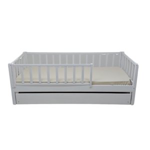 Bicama Solteiro Base Montessoriana Madeira Maciça Pinus - Branco - Grade Vertical Completa