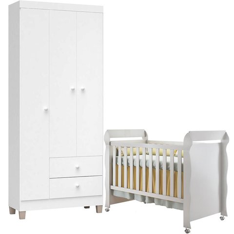 Berço Americano Mirelle e Guarda Roupa Ternura Baby 3 Portas Branco Brilho - Incorplac