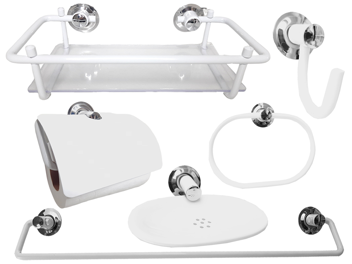 Kit Acessórios Banheiro C/ Porta Shampoo Inox Branco 6 Peças - 1