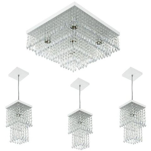 Kit 1 Lustre Cristal Acr Dream + 3 Pendentes Spark Branco