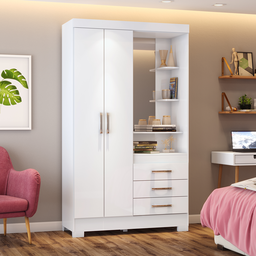 Guarda Roupas Solteiro com 2 Portas 3 Gavetas com Espelho B64 Branco - Briz Móveis - 1
