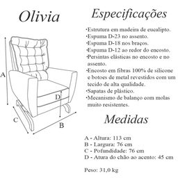 Poltrona de Amamentação Olivia com Balanço Bebê Completo:tb 196 Linho Rose - 5