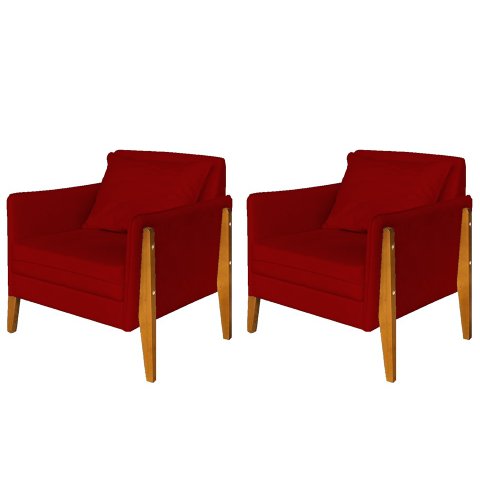 Kit 2 Poltronas Decorativa Sophia Suede Vermelho Pés Madeira Ms Decor