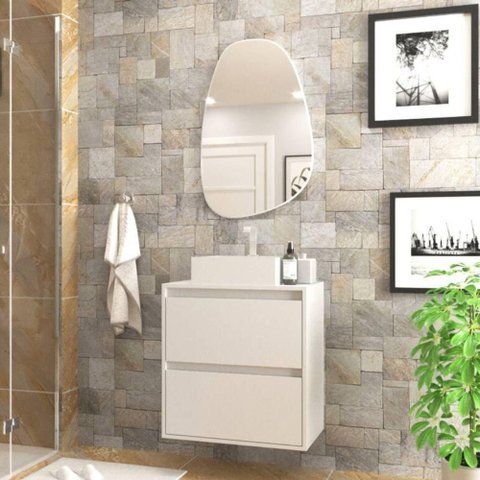 Gabinete para Banheiro com Cuba e Espelheira Organica 60cm Mdf Branco Dubai - On Móveis
