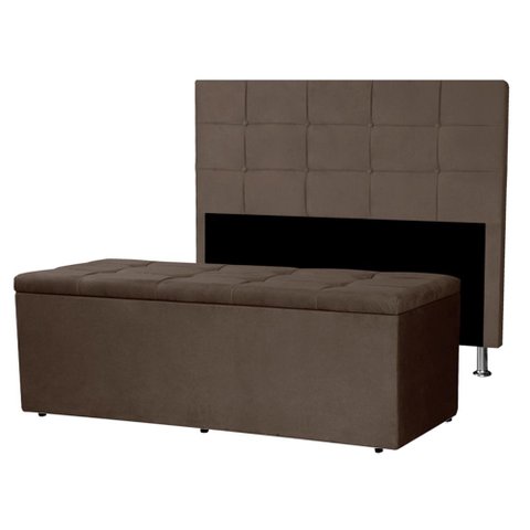 Kit Cabeceira e Calçadeira Baú Queen 1,60m Roma Suede Marrom Sky Mobile