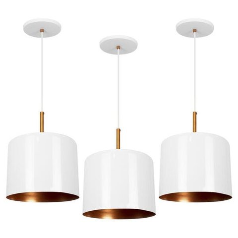 Kit 3 Lustres Pendente Bilboquê Medio Branco Com Cobre