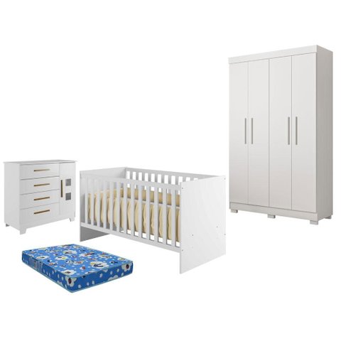 Guarda Roupa Florida com Cômoda Fly e Berço Americano Soft Branco Acetinado Colchão Ortobom - Tigus
