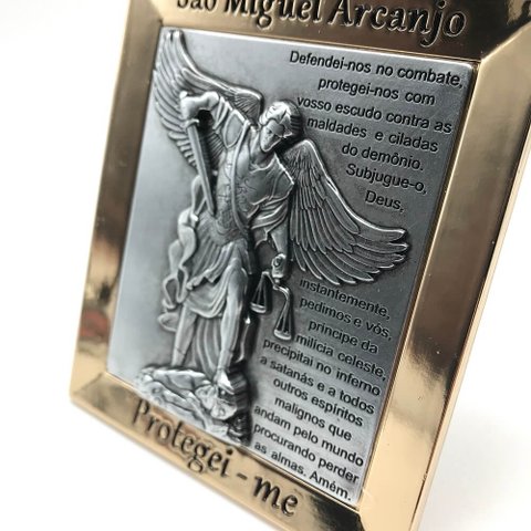 Quadro Adorno De Mesa Metal São Miguel Arcanjo Com Oração Prateado